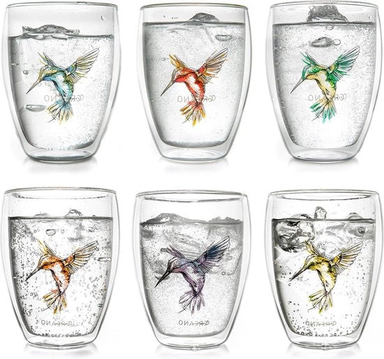 Set di vetro termico a doppia parete da 6 - design colibrì - 250 ml - blu rosso verde arancione viola giallo vetro a doppia parete per la pittura