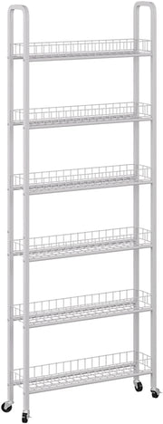 Piedistallo mobile Rolivo, Bianco, 58 x 15 cm con 6 scomparti, posizionabile in modo flessibile su ruote per spazi stretti