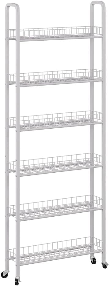 Piedistallo mobile Rolivo, Bianco, 58 x 15 cm con 6 scomparti, posizionabile in modo flessibile su ruote per spazi stretti