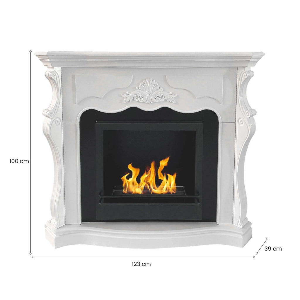 Camino a bioetanolo Aquileia, Caminetto ecologico, Focolare senza fumo, Riscaldatore ad etanolo, Made in Italy, 123x39 h100 cm, Bianco