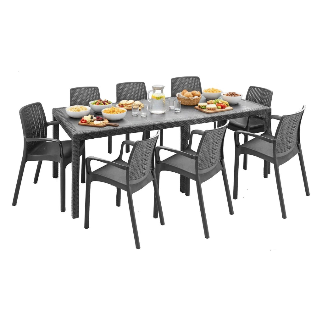 Set salotto da esterno Arret, Salottino outdoor, Tavolo rettangolare allungabile con 8 sedie con braccioli, Made in Italy, Antracite