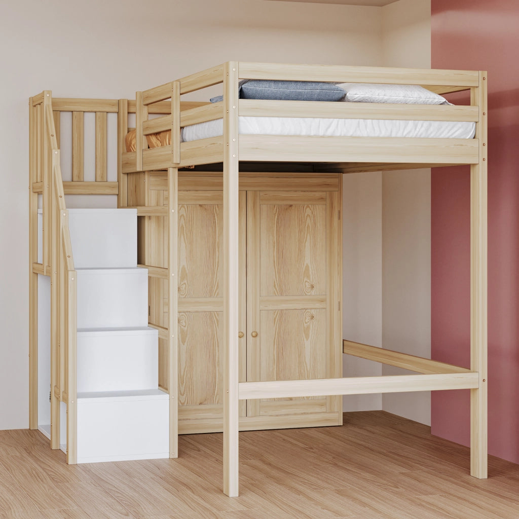 OKWISH Letto a Soppalco 90×200 cm, Letto Singolo con Scala Contenitore, Armadio e Barra Appendiabiti, senza Materasso, Legno Naturale