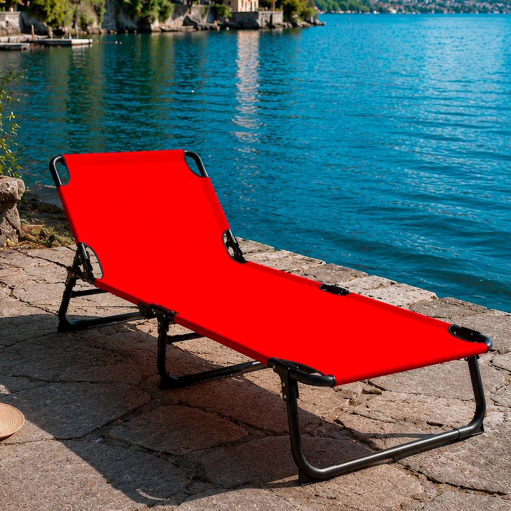Lettino Sdraio Pieghevole Prendisole Con Schienale Reclinabile Regolabile Telaio In Metallo Nero Per Mare Piscina Giardino 187 x 53 x 24 Cm Rosso