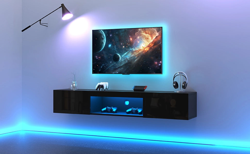 Cassettiera per TV nera lucida in MDF e truciolare; 160 cm