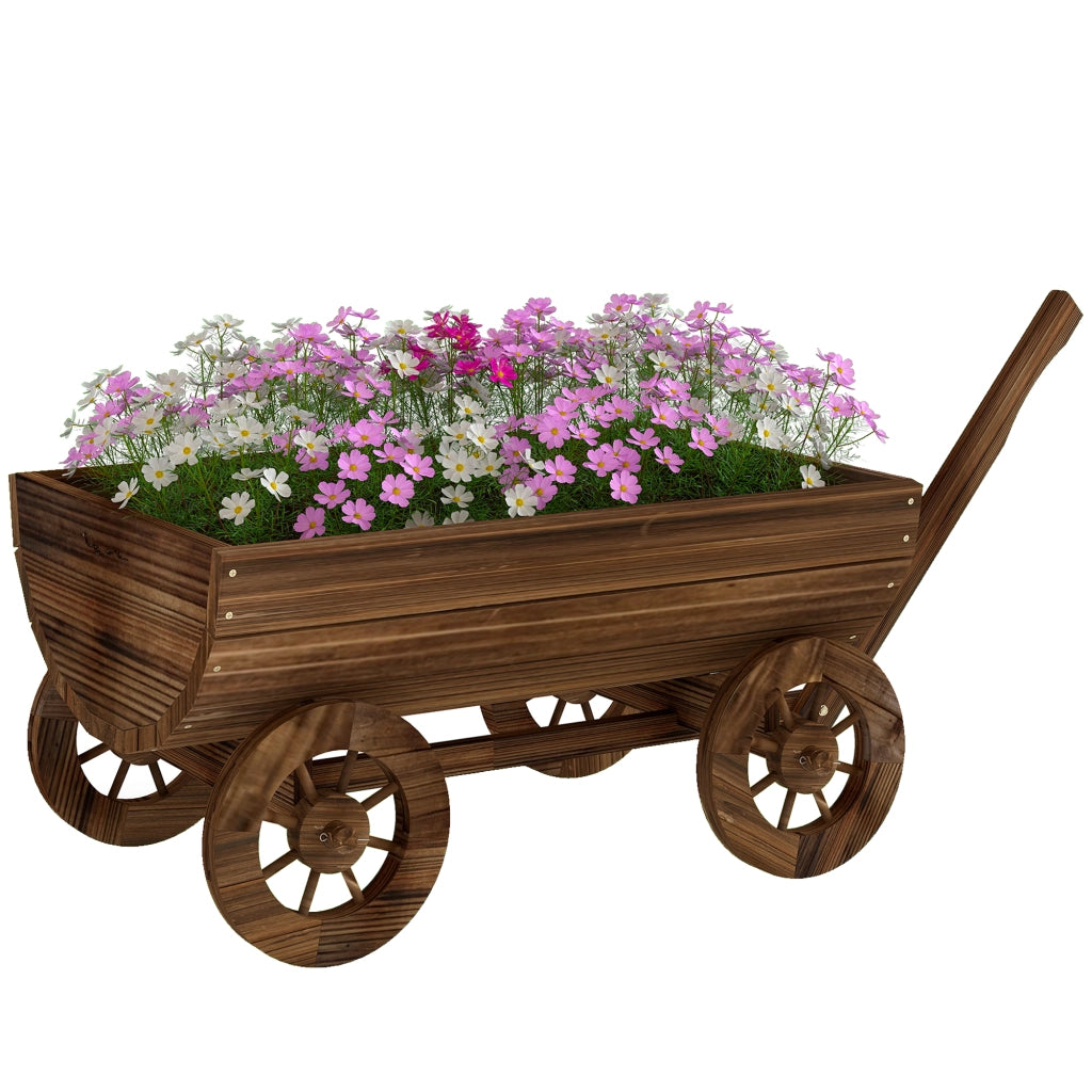 Carrello Giardino Legno con 4 Ruote e Manico ¨C zephmum ¨C 115x40x54,5 cm Carbonizzato