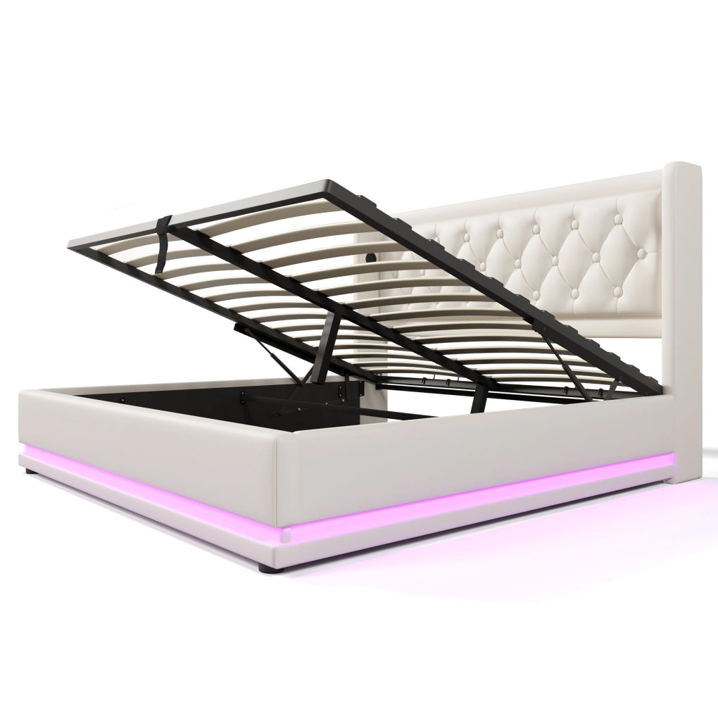 Letto matrimoniale 140x200 cm imbottito in PU bianco con contenitore; USB e LED