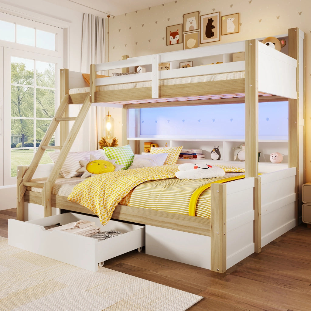 Letto a Castello 90x200 140x200 con LED, Cassetto e Rete a Doghe ¨C MINIMAL ¨C Bianco e Naturale