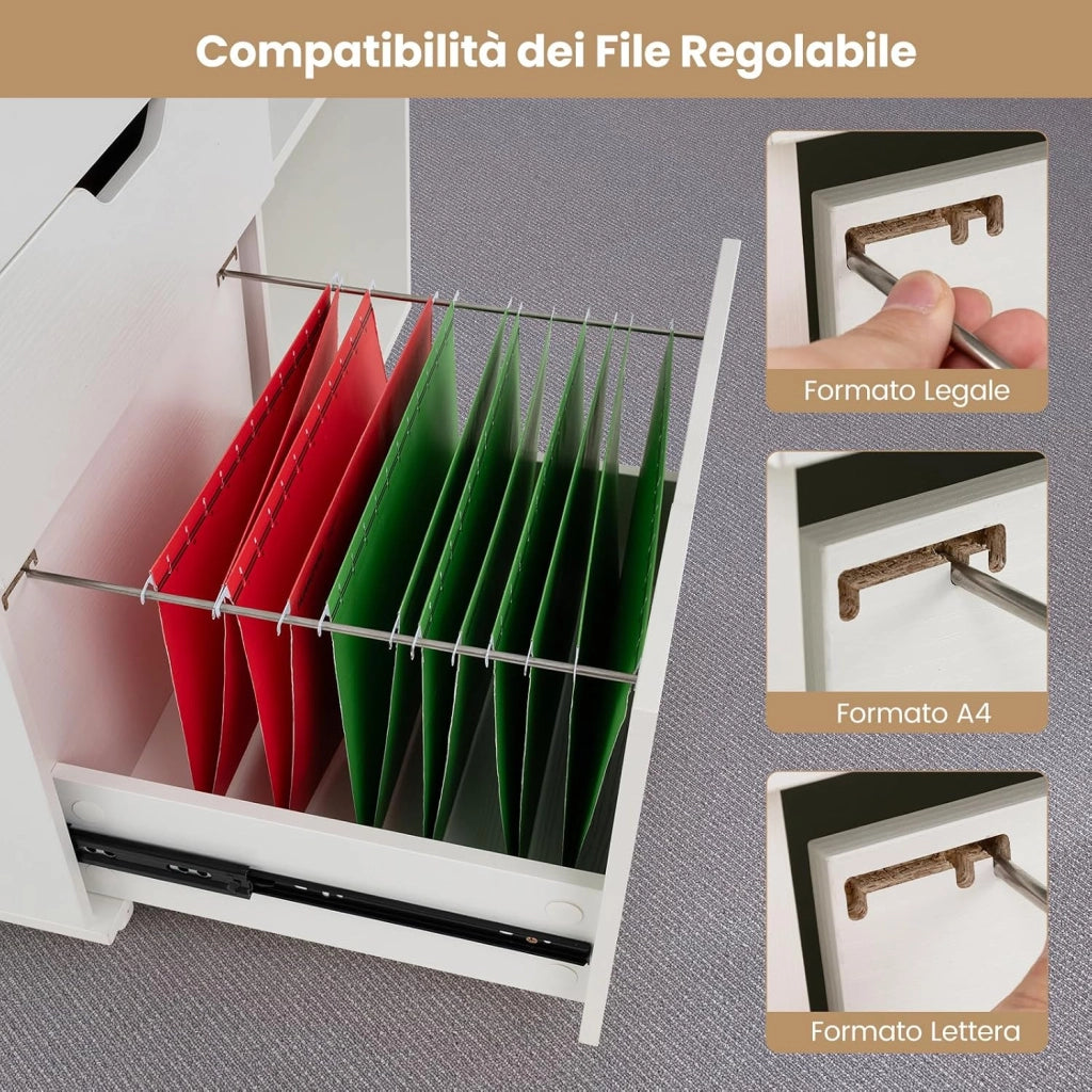 Cassettiera Ufficio, Mobiletto Rimovibili in Legno con 3 Cassetti Regolabili, 2 Scomparti e Ruote con Freno, Credenza Multiuso per Soggirno e Ingresso (Bianco)