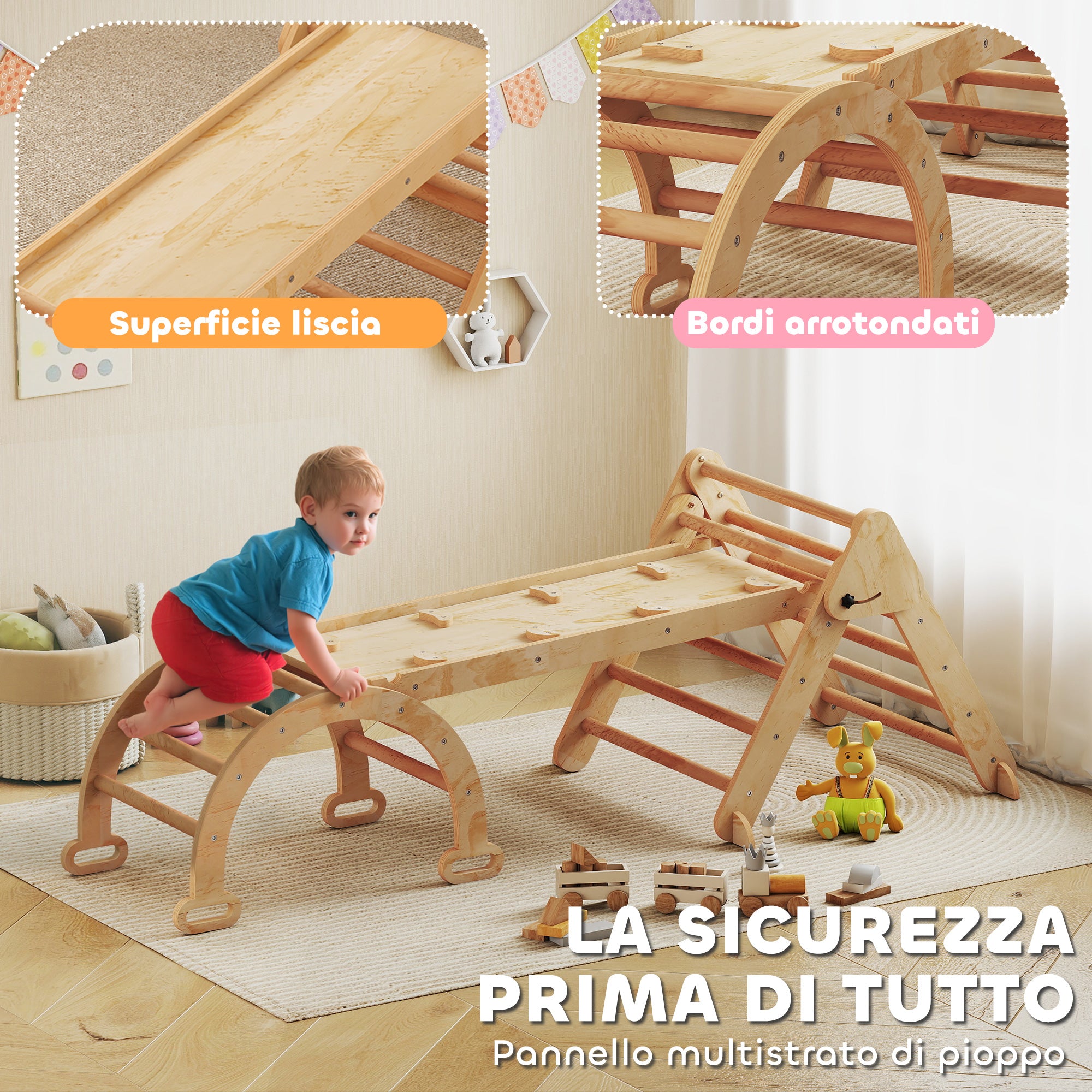 Gioco per Bambini 5 in 1 con Triangolo Parete Liscia e Arco 188x70x59 cm in Legno di Pioppo e Pino