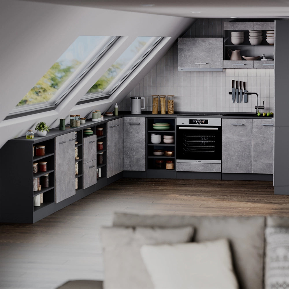 Mobile cucina sottotetto R-Line Calcestruzzo/Antracite 140 cm Set di 2 carcasse armadio profondità 60 cm Vicco