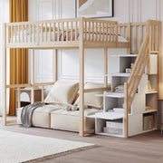 Letto a castello in legno di pino naturale con scala di sicurezza e contenitore 140x200 cm