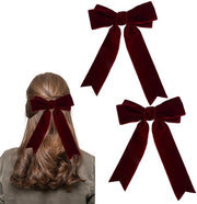 Due pezzi di capelli clip in velluto rosso, spille per capelli a nastro lungo in seta, clip per capelli a nastro francese, accessori per capelli vintage per bambine e donne, per autunno e inverno