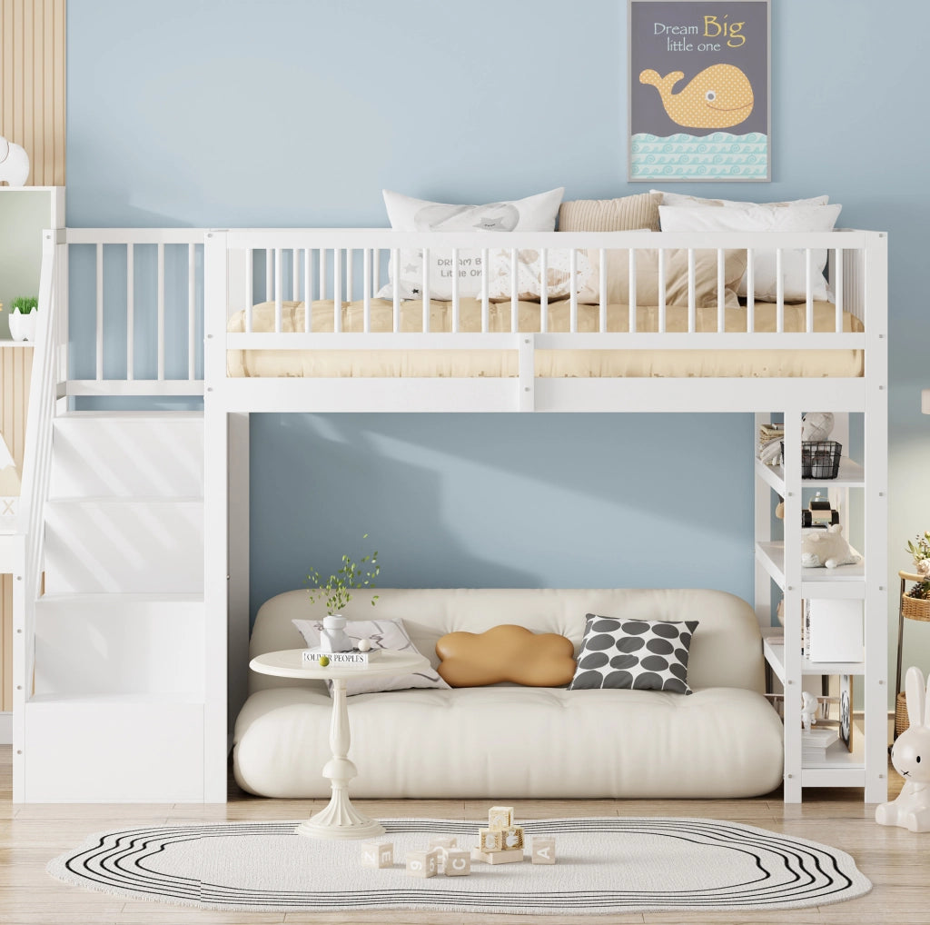 Letto a soppalco multifunzione 90x200 cm con armadio; ripiani e scala di sicurezza; bianco