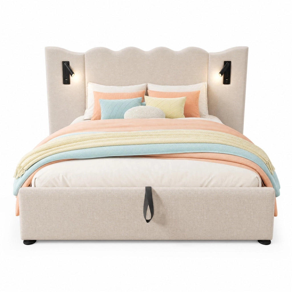 LETTO Contenitore 160x200 cm Beige in lino con lampada da lettura e USB Type-C