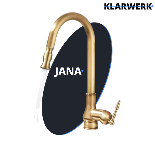 JANA | Rubinetto da cucina estraibile vintage in acciaio inossidabile ottone antico| miscelatore arco alto  alta pressione ruotabile a 360° 2 attacchi