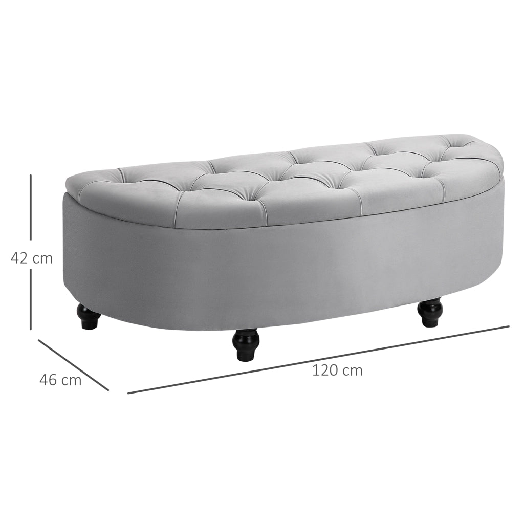Panca contenitore imbottita in velluto grigio con seduta confortevole e gambe in legno