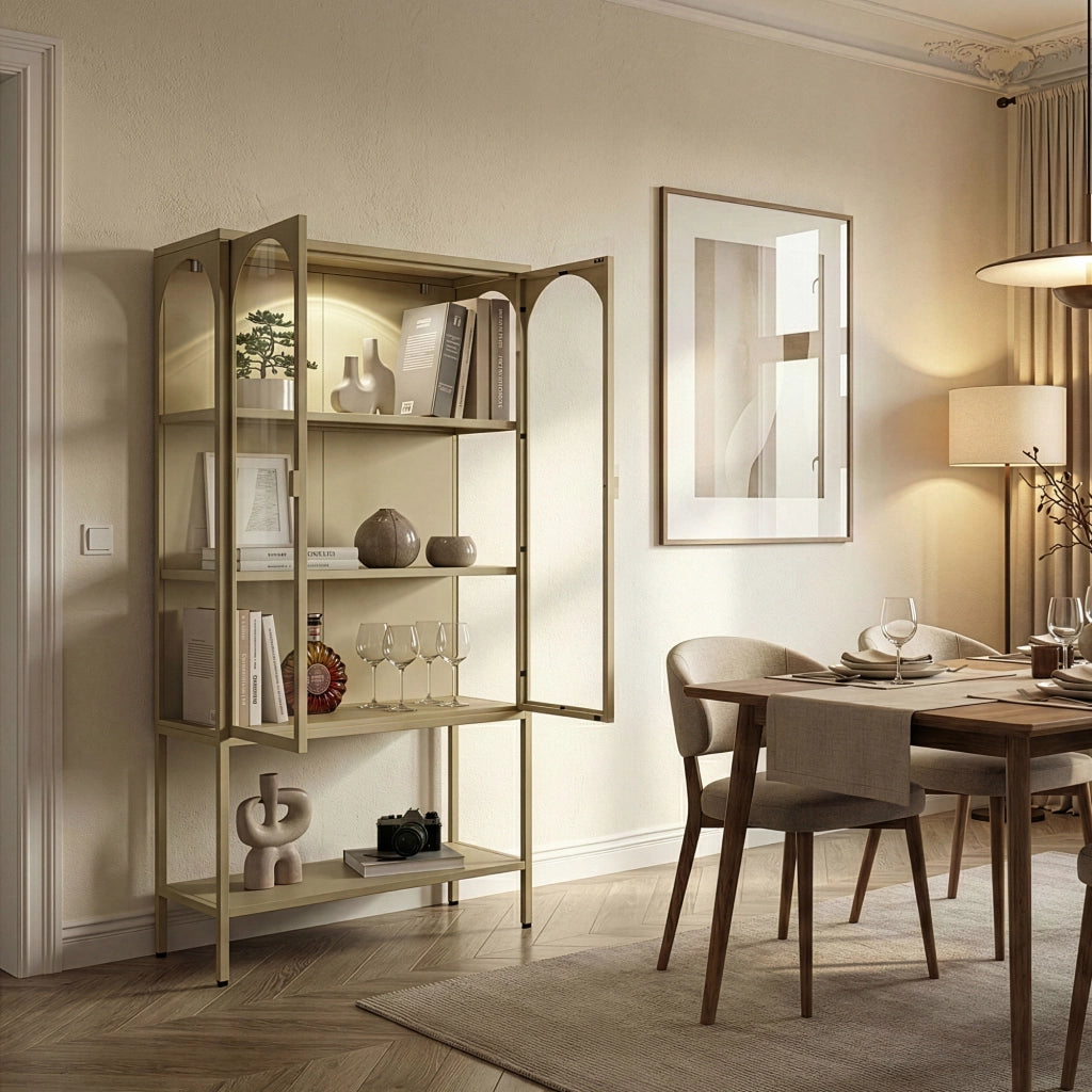 Vetrina Klippestad Credenza Alta a 2 Ante in Vetro e Ripiano Aperto 160 x 80 x 35 cm - Color Cammello [en.casa]