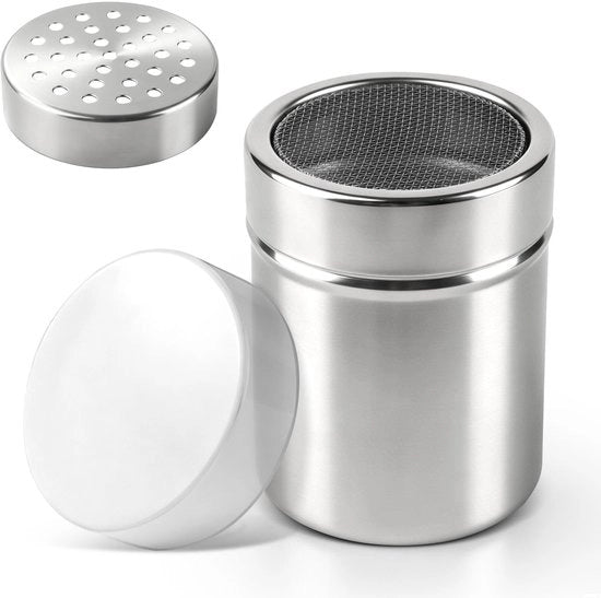 Strumento per spolverizzare zucchero in polvere in acciaio inossidabile - 2-in-1 strumento per spolverizzare farina - Filtro fine - Coperchio con foro - Strumento per spolverizzare farina - Per un bestiuglio preciso