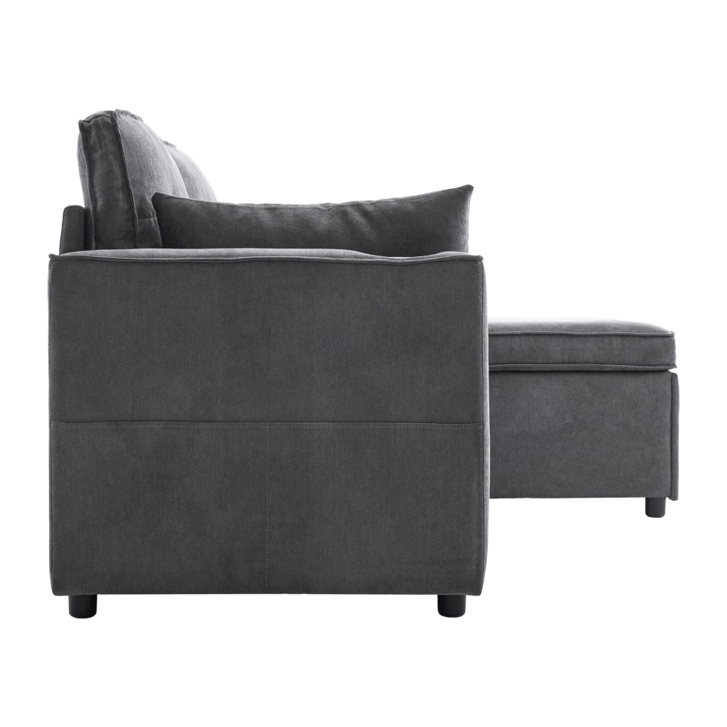 Divano letto angolare con chaise longue reversibile, contenitore e portabicchieri, stile moderno