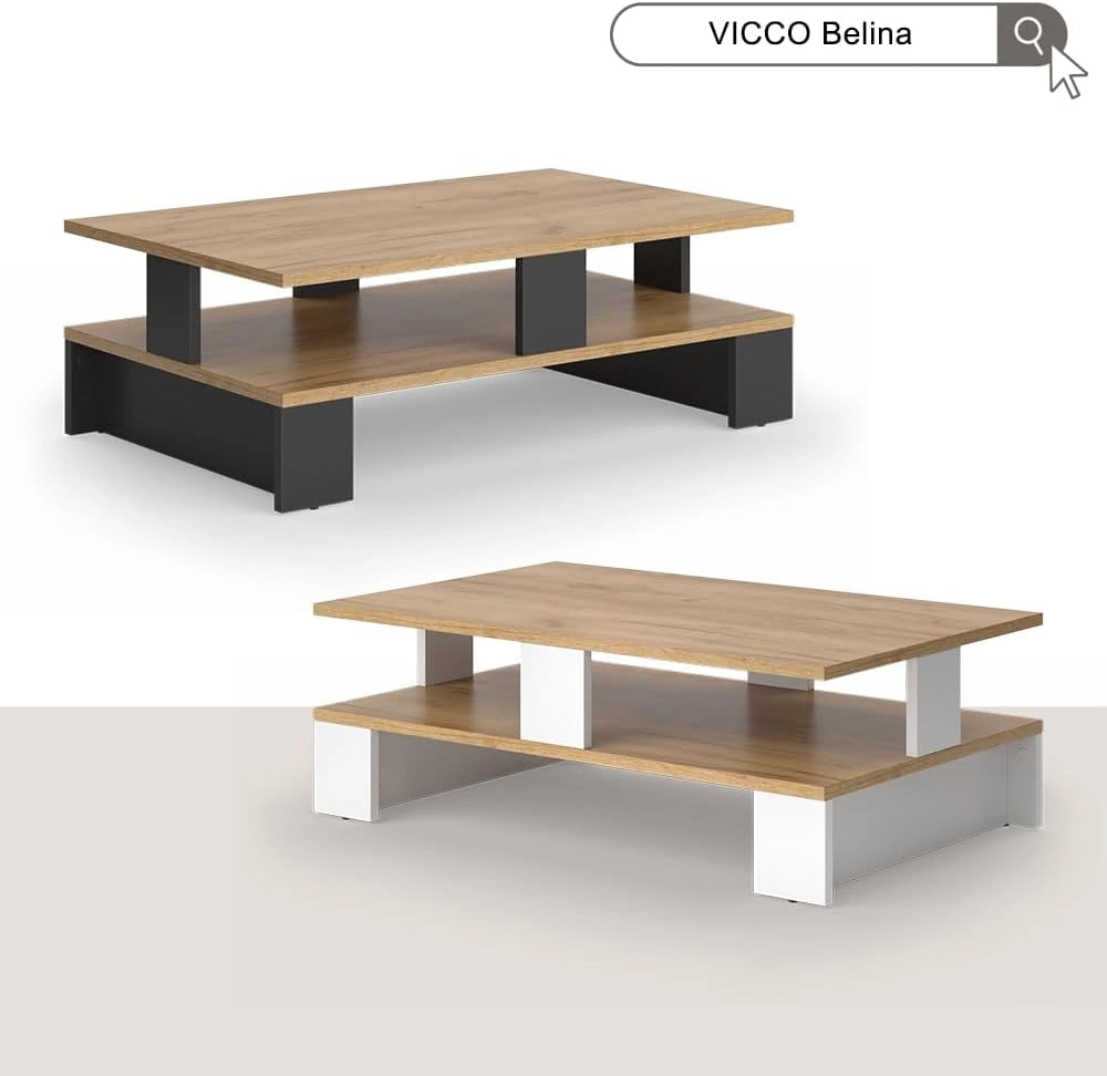 Tavolino da salotto Belina, Quercia dorata/bianco, 80 x 50 cm con due livelli