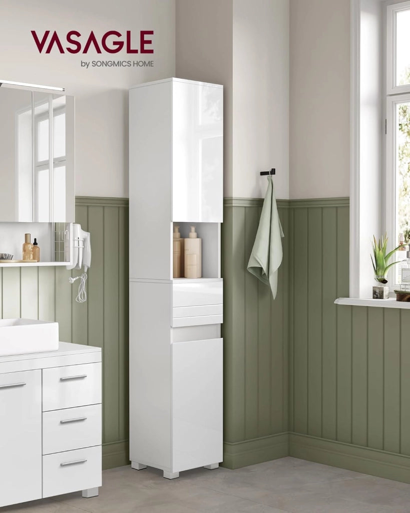 Mobile da Bagno, Mobiletto Portaoggetti, Alto, con Cassetto, Ripiani Regolabili, Scomparti, 30 x 30 x 170 cm, Bianco Nuvola BBC560P31