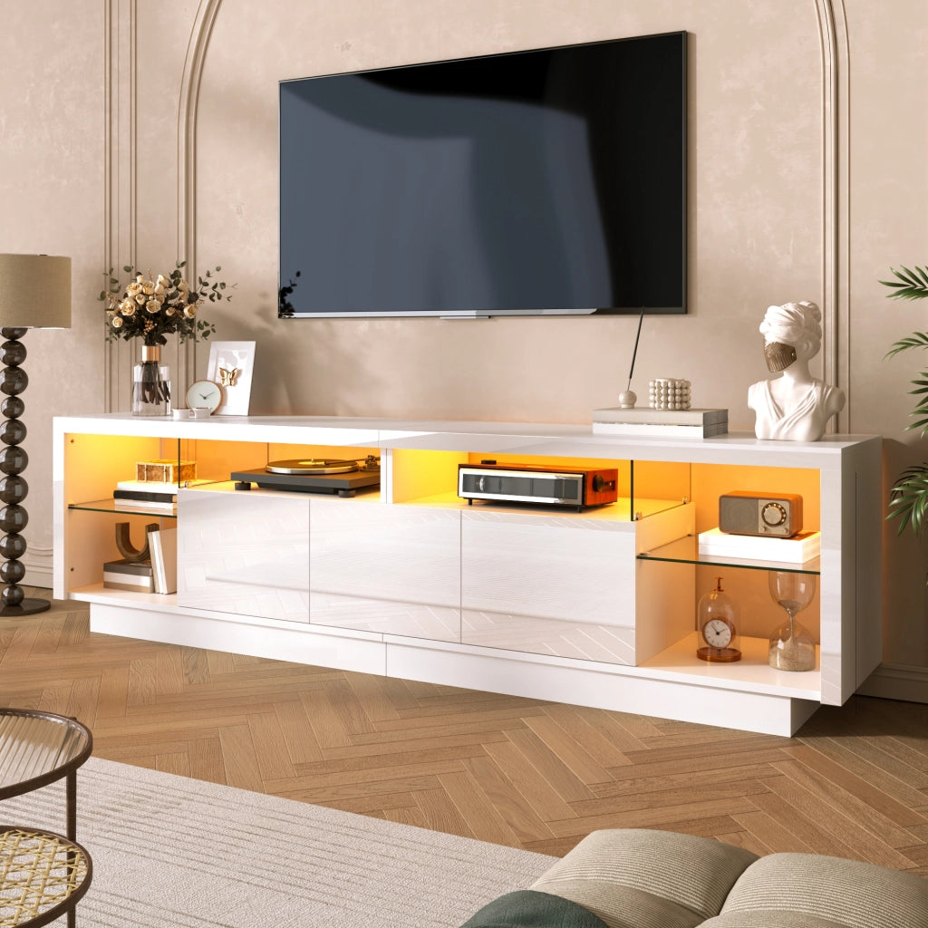 Mobile porta TV con 3 ante, vani aperti in vetro e LED, per soggiorno, in legno truciolare bianco, 200 × 38 × 55 cm