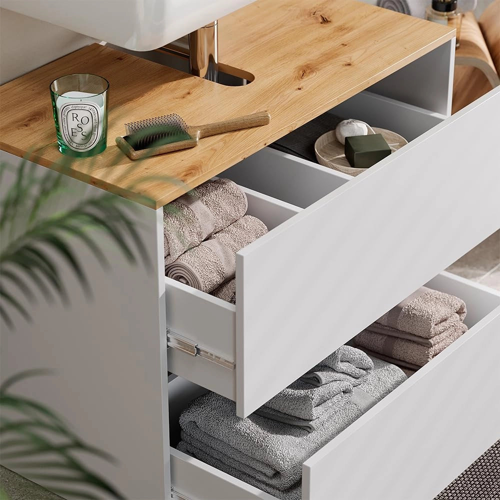 Mobile sottolavabo per bagno Viktor, Bianco/Artisan, 80.2 x 65 cm, con foro per sifone e ripiano interno regolabile in altezza