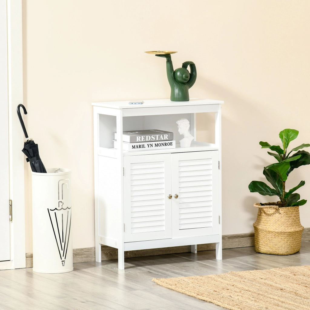 Armadietto Bagno con 2 Ante a Persiane e Ripiano Aperto ¨C Zephmum ¨C 60x30x81,6 cm Bianco