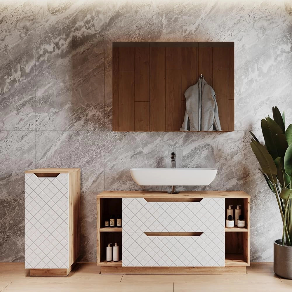 Set di mobili da bagno Lotta, Rovere/bianco con struttura in piastrelle, 3 parti