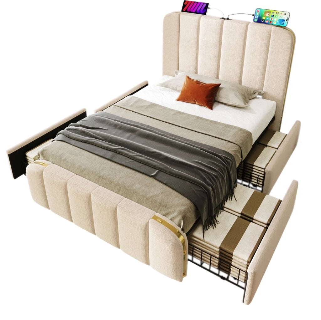 Letto singolo 90x200 cm con 4 cassetti; USB e Type-C; rivestimento in lino beige