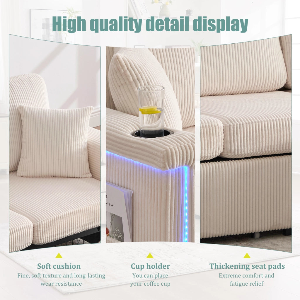 Divano in Velluto con Contenitore, Portabicchieri e LED ¨C MINIMAL ¨C Beige