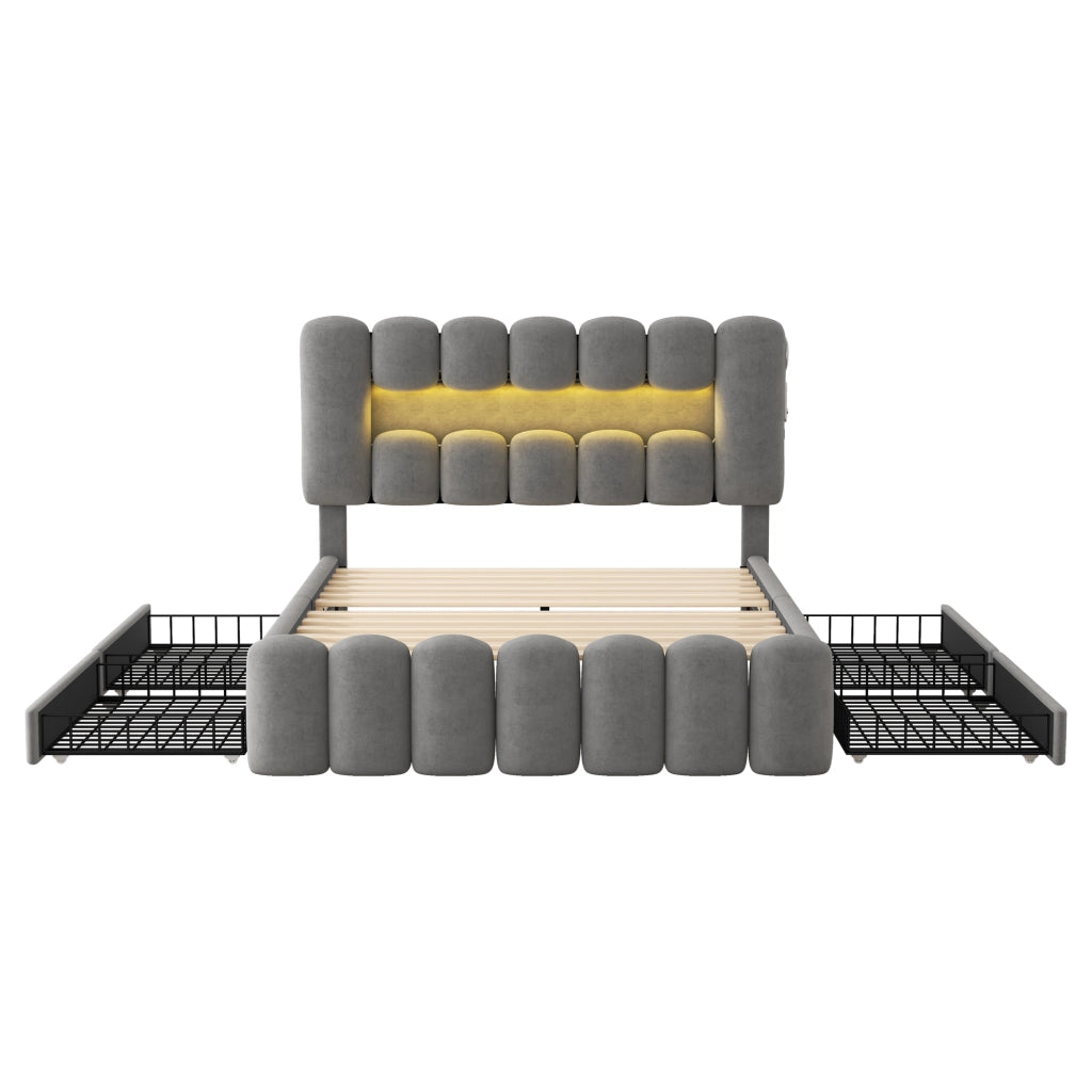 Letto imbottito in velluto con LED, USB e 4 cassetti, 160x200 cm, grigio