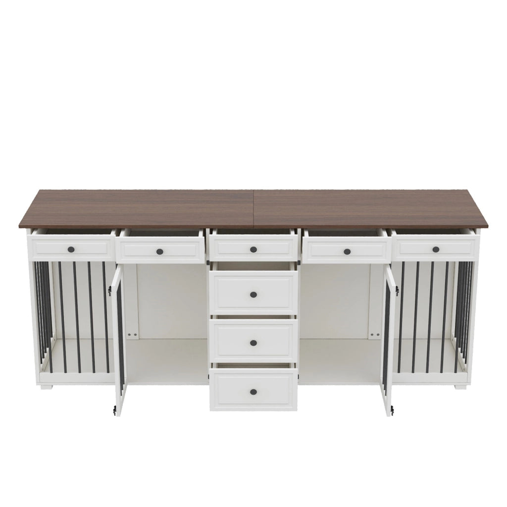 Mobile Gabbia per 2 Cani 200×60×85 cm con 8 Cassetti; Struttura MDF e Metallo; Bianco e Noce