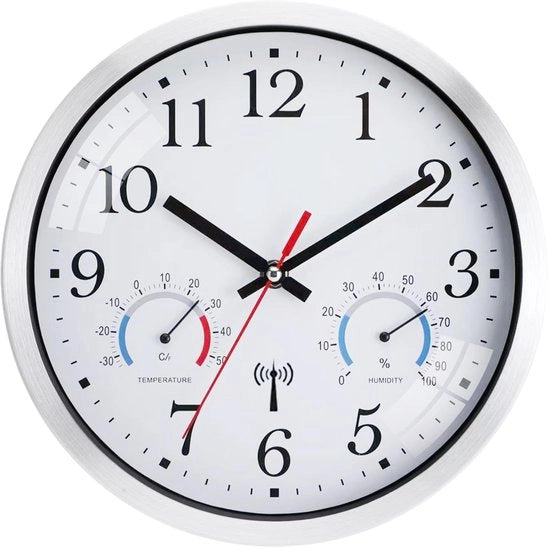 Cronografo radiocomandato per parete, cronografo radiocomandato con visualizzazione temperatura e umidità, orologio da parete moderno per cucina, facile da leggere, orologio da parete silenzioso per camera da letto, ufficio, bagno (bianco)