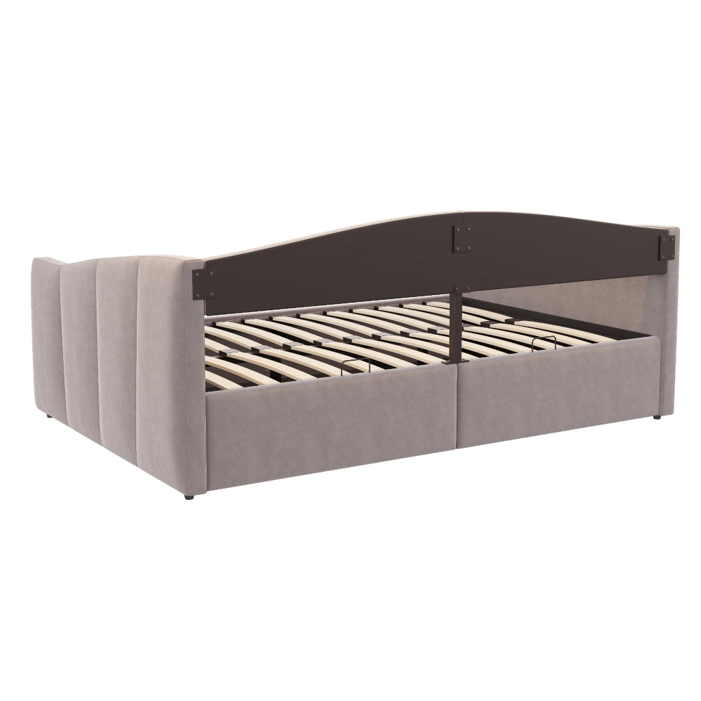 Letto Contenitore 140 × 200 cm 2 posti con vano idraulico e braccioli, senza materasso, in velluto, grigio chiaro
