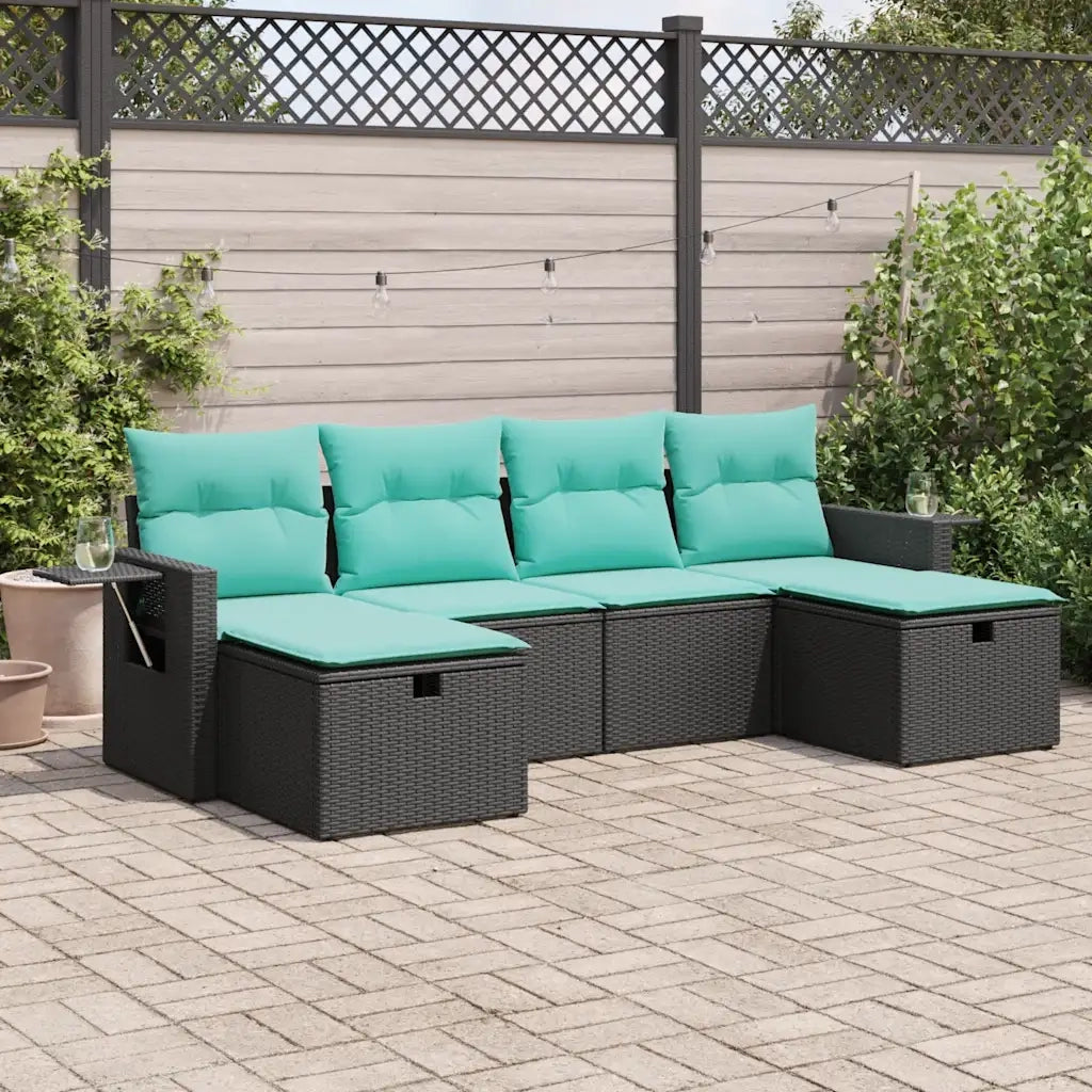 Set Divano da Giardino 6 pz con Cuscini Nero in Polyrattan