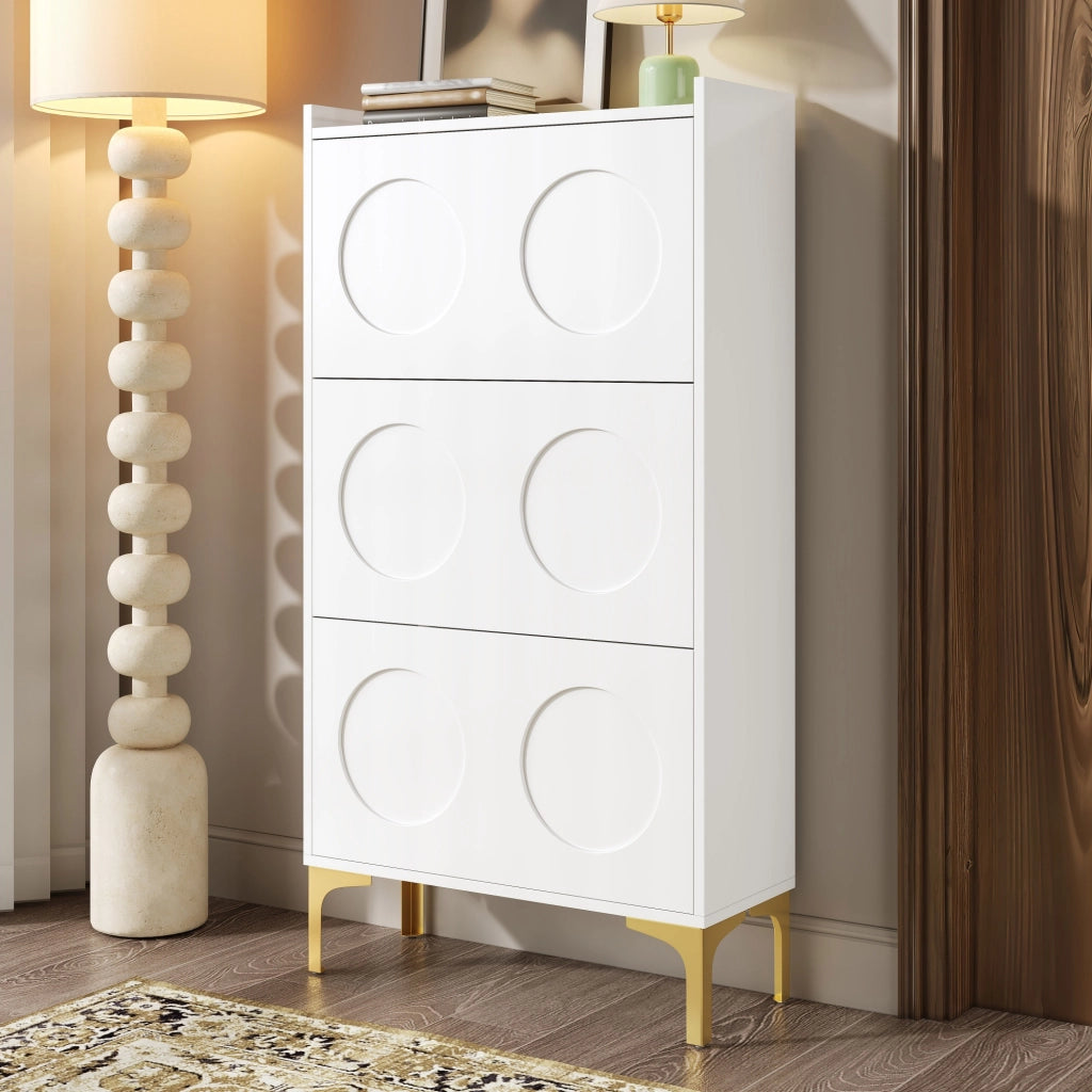 Scarpiera con 3 Scomparti e 6 Elementi in Rilievo; Piedini in Metallo Dorato; Stile Moderno; in MDF; Bianco; 63×24×120 cm