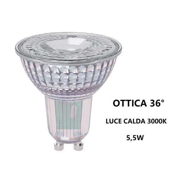 GU10 LAMPADINA FARETTO IN VETRO A LED 5,5W OTTICA 36° LUCE CALDA 3000K BOT