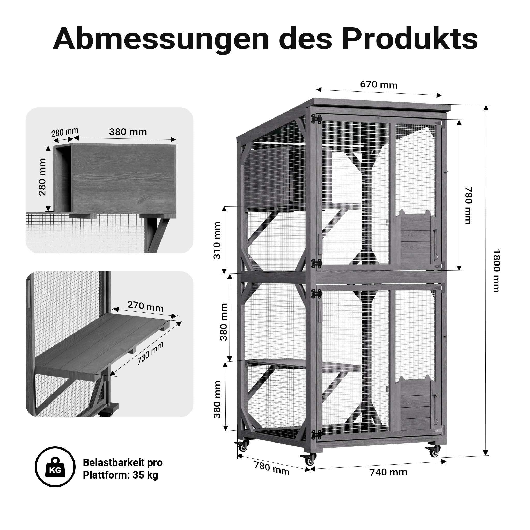 Recinto per gatti da esterno 74 x 78 x 180 cm, legno di abete, più livelli, 2 porte, con rotelle, recinto per gatti per giardino, balcone, rifugi