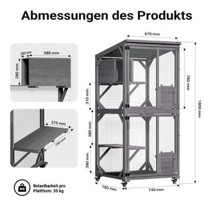 Recinto per gatti da esterno 74 x 78 x 180 cm, legno di abete, più livelli, 2 porte, con rotelle, recinto per gatti per giardino, balcone, rifugi