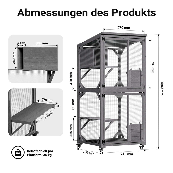 Recinto per gatti da esterno 74 x 78 x 180 cm, legno di abete, più livelli, 2 porte, con rotelle, recinto per gatti per giardino, balcone, rifugi