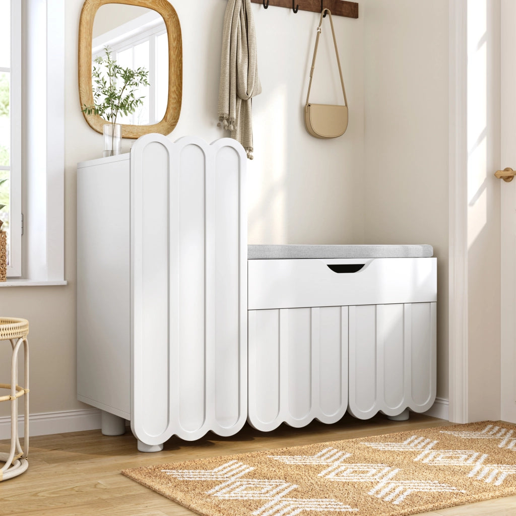 Scarpiera con 3 Ante; 1 Cassetto e Seduta Imbottita; Stile Moderno; in MDF; 90×35×74;5 cm; Bianco