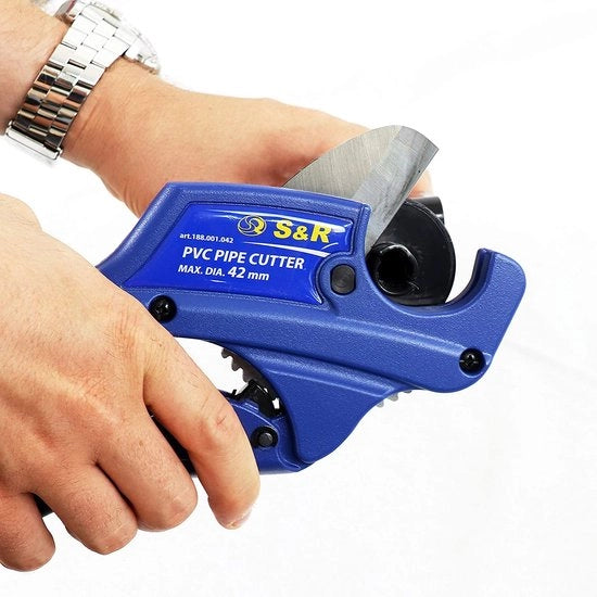 Buisschaar con 2 lame, piatto per tubi di plastica fino a 42 mm (1 5/8 pollici) di PVC, CPVC, PE-X, PE, PP-R, lama in acciaio inox HRC 54, manici ergonomici, con riserva di lama.