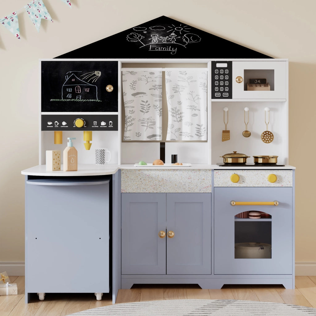 Cucina giocattolo per bambini con lavello, forno, microonde, caffettiera, isola cucina e credenze in MDF lilla