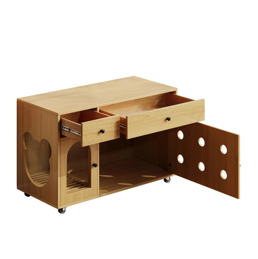Mobile coprilettiera per gatti 100x45x66 cm in MDF naturale con cassetti e ruote
