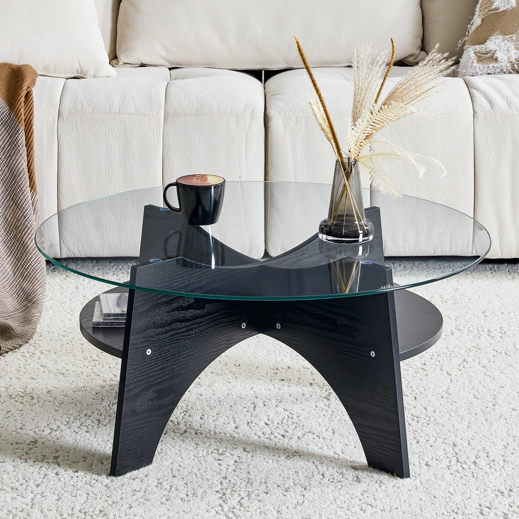 TAVOLINO ROTONDO 80x36 cm in vetro temperato e MDF nero