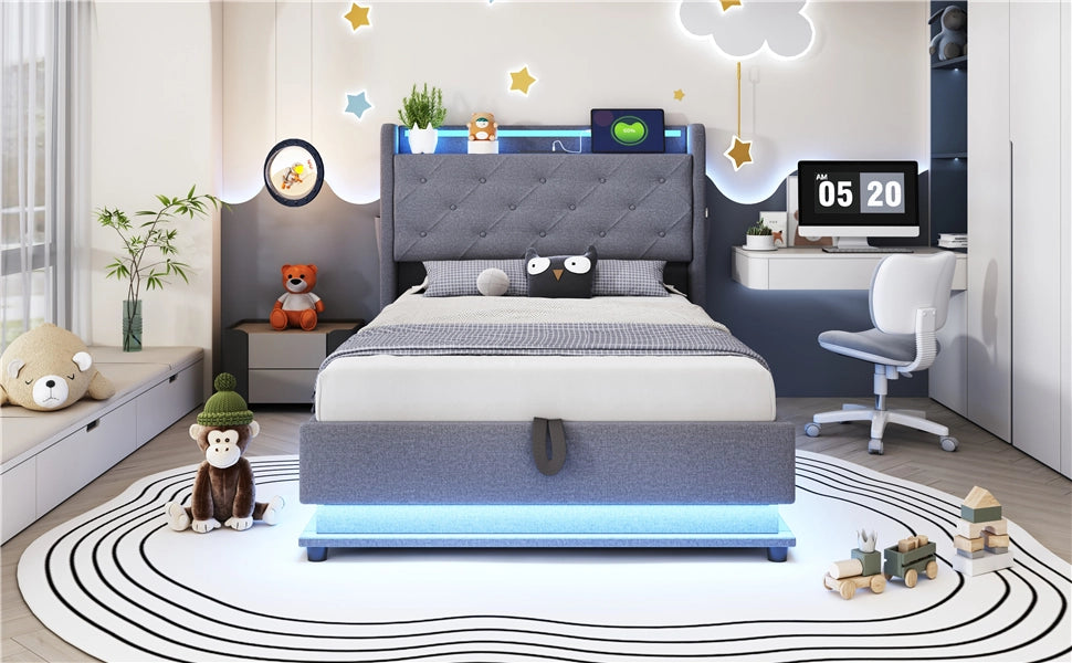 DESMIU Lit simple 90 × 200 cm con LED, USB, Type-C, vano idraulico e senza materasso, in lino, grigio