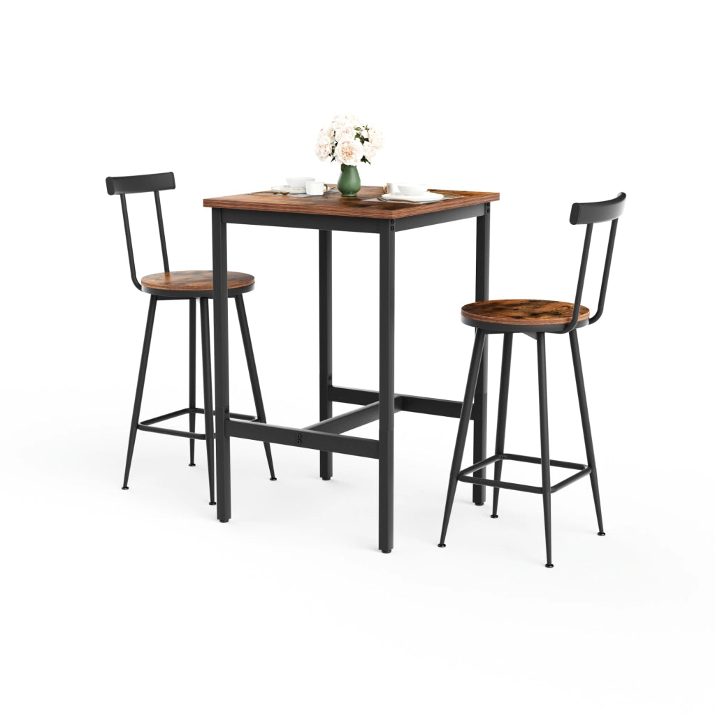 Set bar 60x60x92 cm salvaspazio con schienale; in acciaio e truciolato marrone rustico e nero