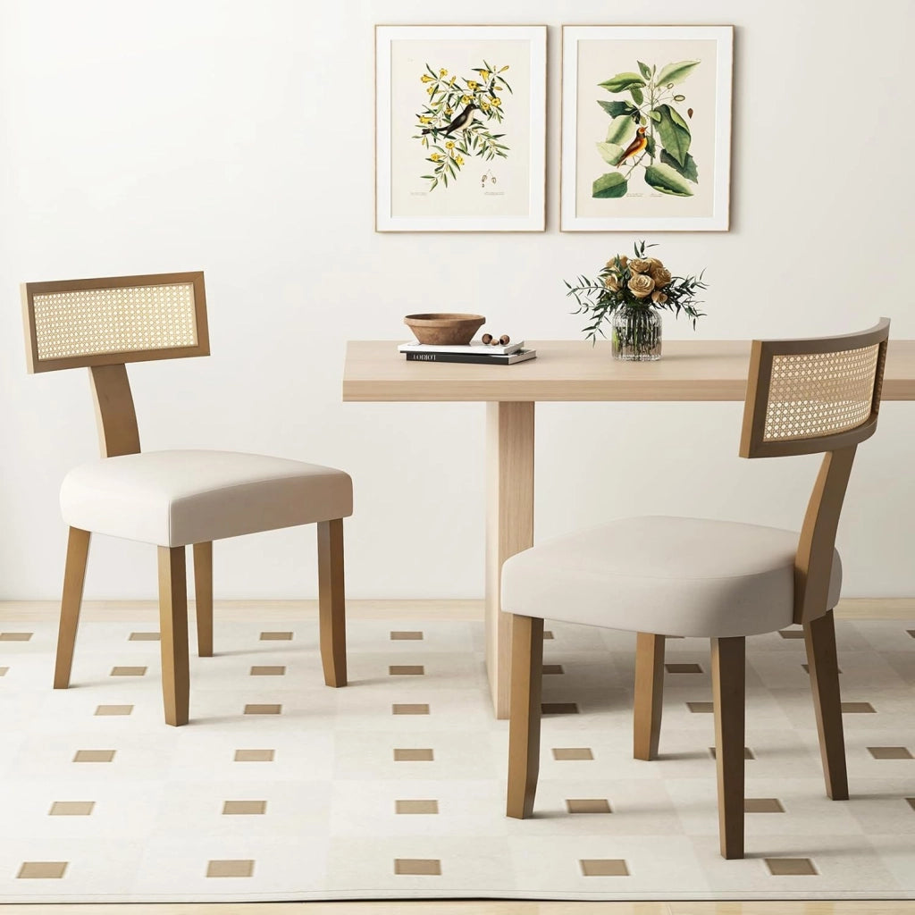 Set di 2 Sedie da Pranzo Imbottita, Sedia con Sedile Comodo, Schienale Curvo in Rattan e Piedini Antiscivoli per Soggiorno, Sala da Pranzo e Studio, Portata 180 kg (Beige)
