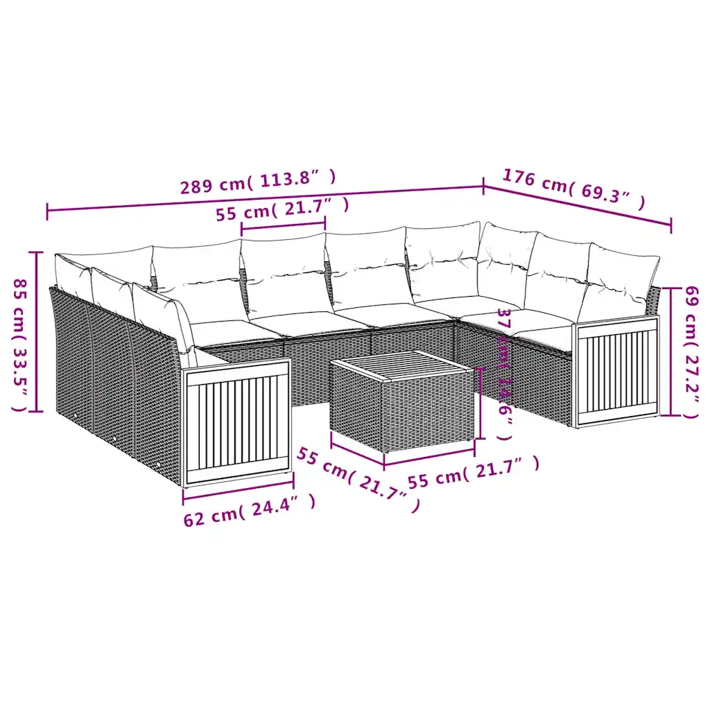 Set Divani da Giardino 10 pz con Cuscini Grigio in Polyrattan 3227965